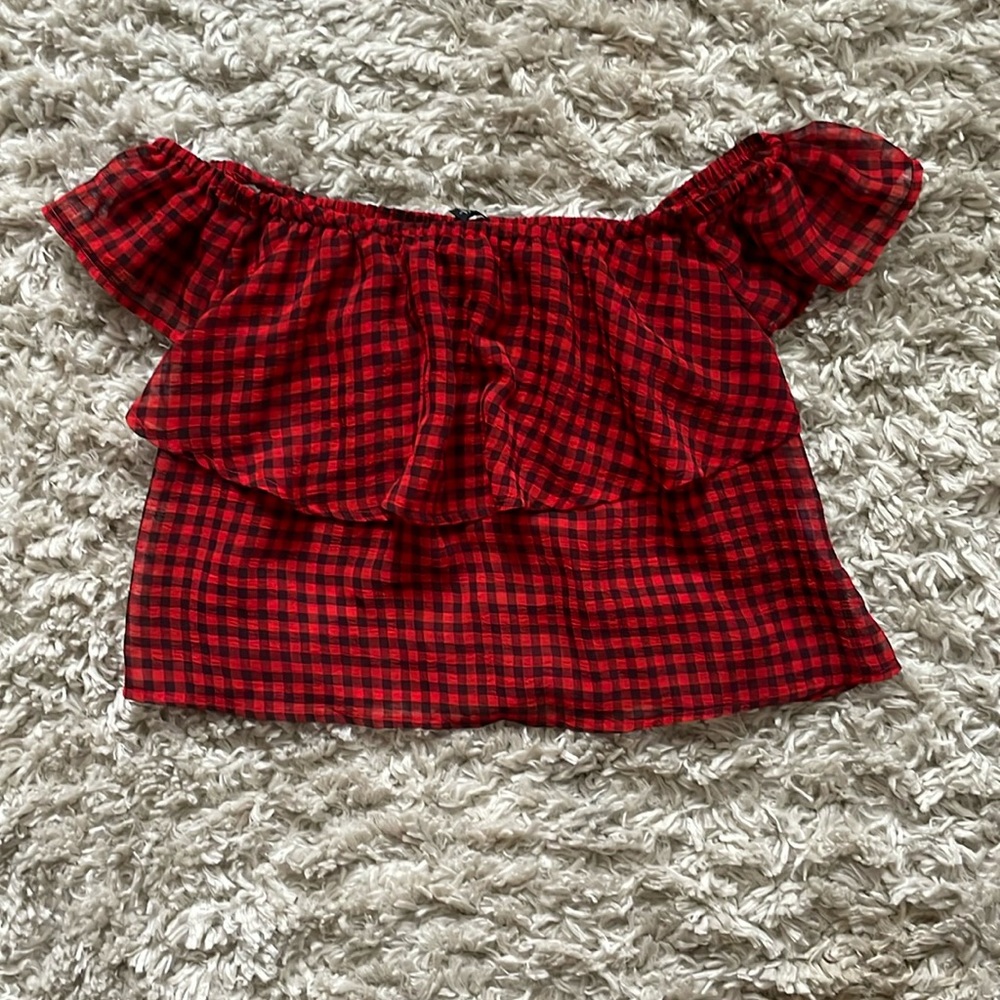 Guess- Gingham Off The Shoulder Blouse- Black/Red